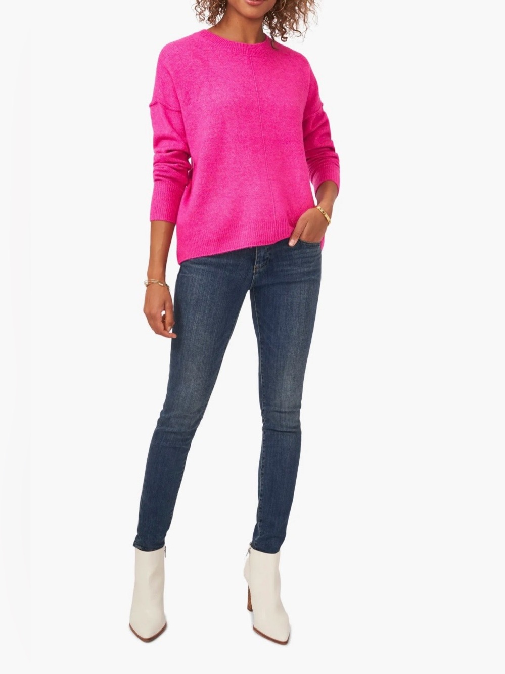 Vince Camuto Exposed Seam Oversized Vinrant Hot Pink Crewneck Sweater
